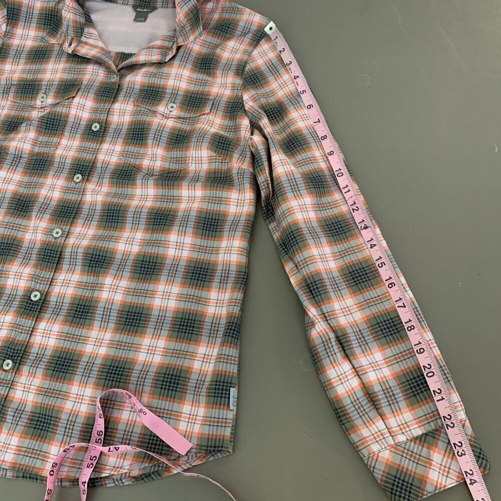 Eddie Bauer Womens L Long Sleeve Shirt Plaid Green Hiking Lightweight Travel - Picture 13 of 15